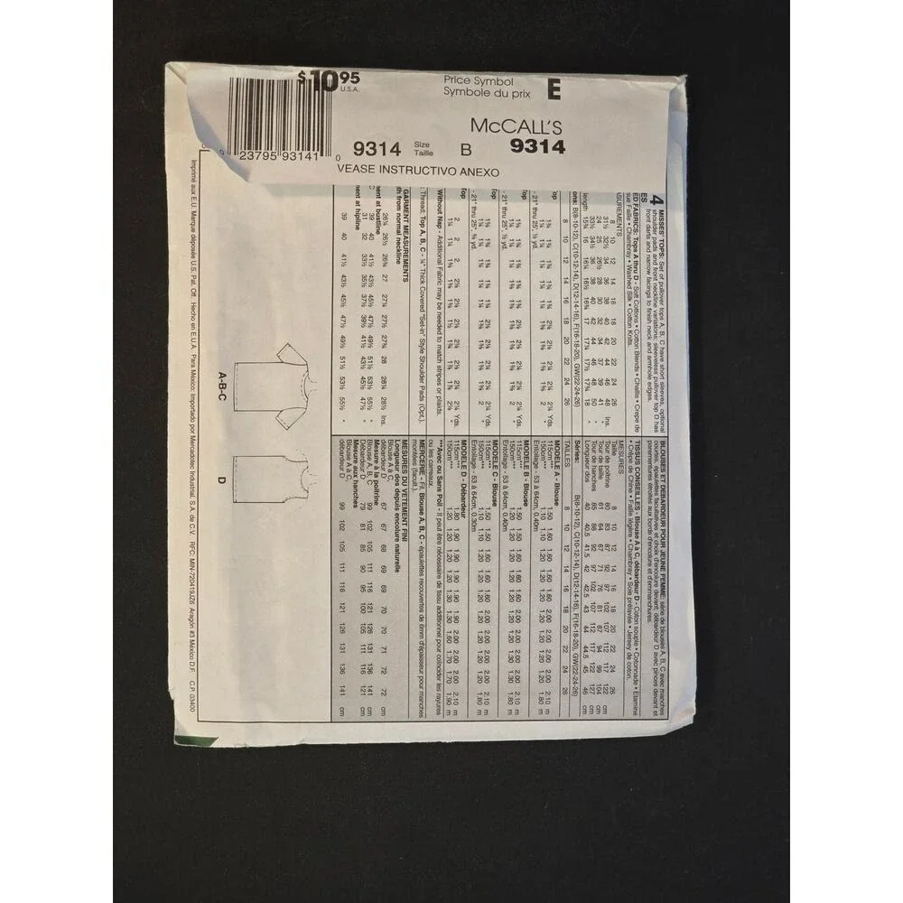 McCall's Sewing Pattern 9314 Misses‎ Tops Square Round Vee Necks Sizes uncut